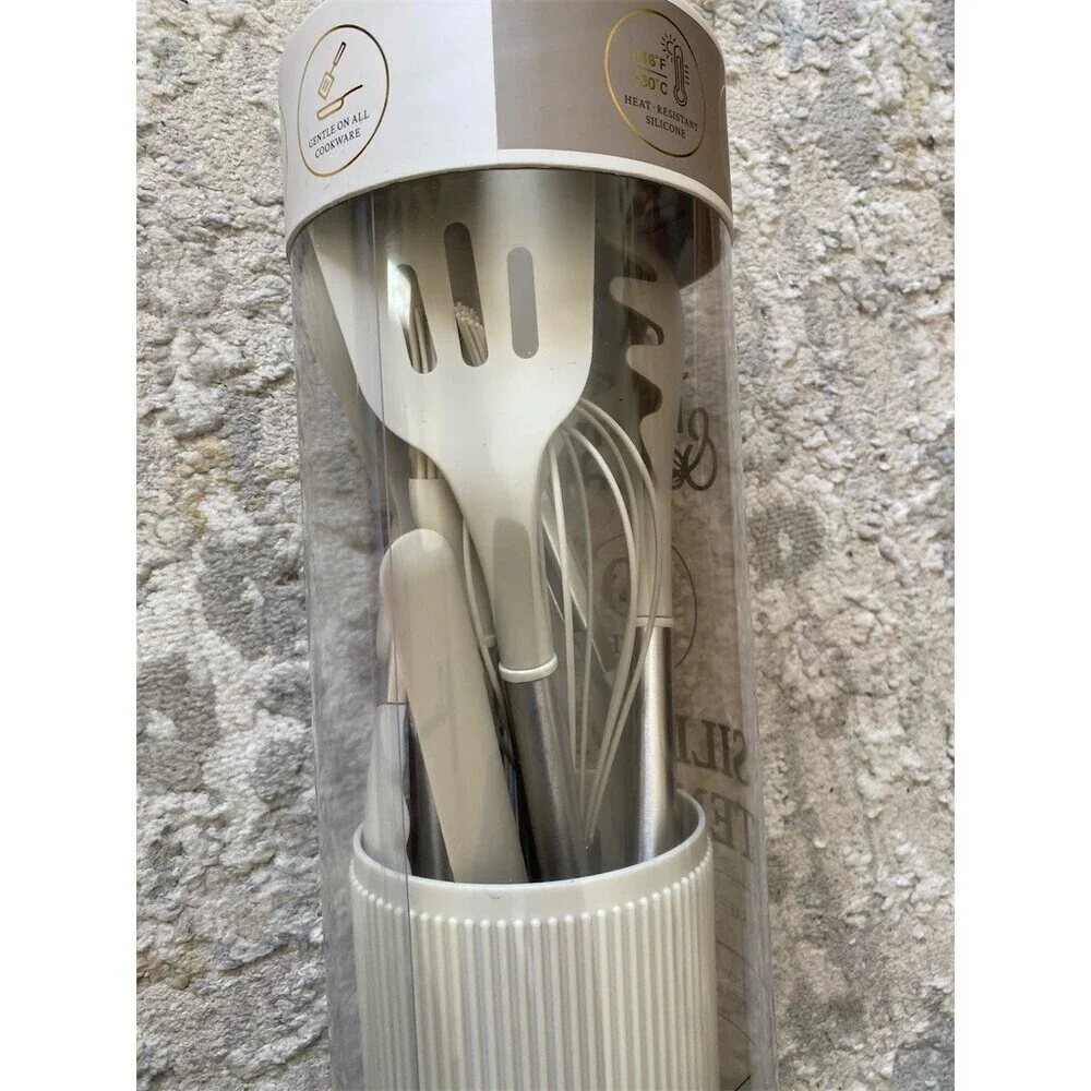 Thyme & Table 10-Piece Silicone Utensil Set White w/ Storage Crock